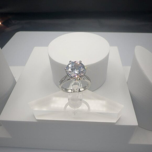 Round Cut Simulated Diamond Engagement Ring With Pave Band In Silver Tone 4CT - Picture 12 of 14